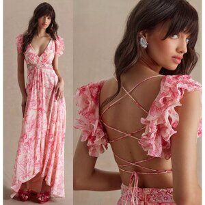 Mac Duggal Size 4 Pink Floral 9161 Ruffle Shoulder Empire Waist Lace Up Gown NWT